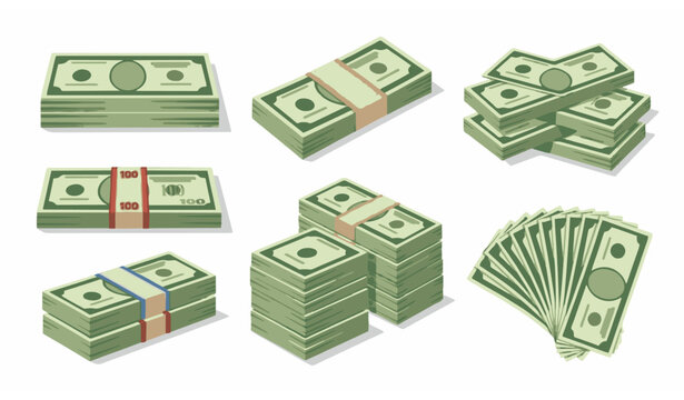 Bundles of dollar banknotes isolated on white background finance cash vector illustration set