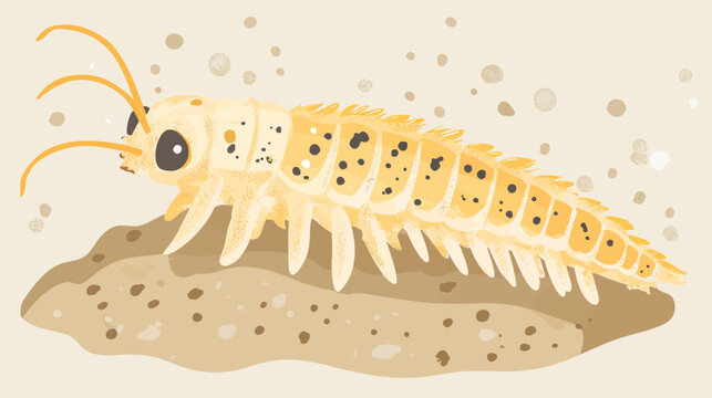Illustration of a small beige centipede crawling on sandy ground