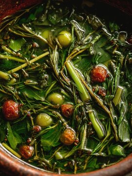 Traditional Georgian Chakapuli Stew with Vivid Green Spring Herbs and Tarragon Closeup