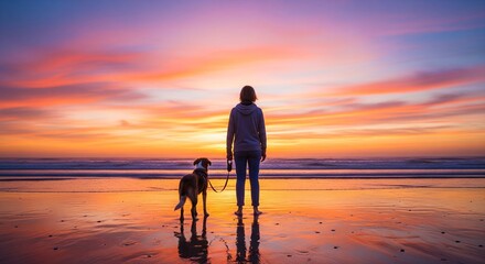 Fototapeta premium A person stands on a beach with their dog at sunset, enjoying the vibrant colors and reflection on the wet sand