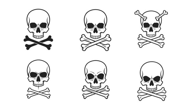 Collection of skull and crossbones symbols in various styles including solid black silhouettes, detailed line art, and simple icons.