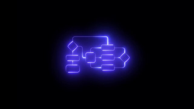 Abstract Glowing Neon Flowchart Diagram Icon on Black Background for Technology and Business Process