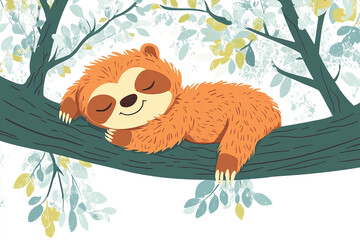 Fototapeta premium Sleeping Baby Sloth Lying on Tree Branch in Watercolor Forest Illustration