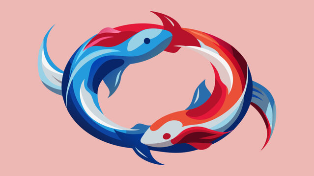 Colorful Koi Fish, Vector Fishes, Yin Yang Symbol, Red Blue Illustration