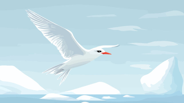 Illustration of a white seabird soaring above icy water and icebergs