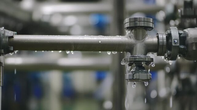 Stainless steel pipes and valves with water droplets and visible drips indicating leakage or condensation in an industrial processing plant, factory machinery room setting
