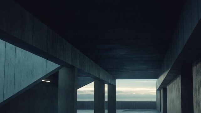Concrete building featuring geometric shapes and robust columns with a wet floor, creating a stark, imposing atmosphere against a subtle sky and distant landscape
