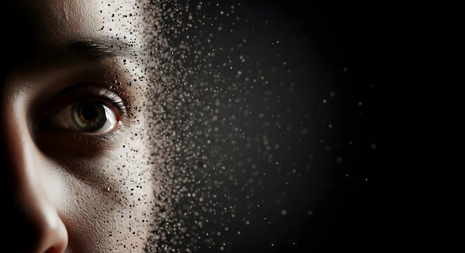 A close up view of a human face disintegrating into digital dust particles against a dark background.