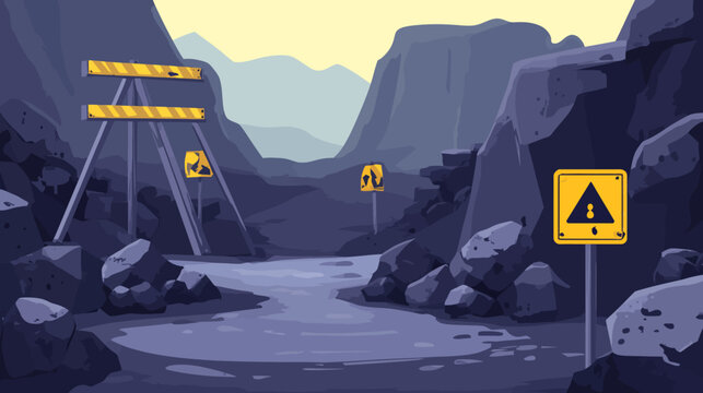Damaged mountain road blocked by barriers, warning signs, rocky terrain