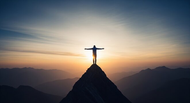 Person on mountaintop at sunset, arms outstretched, silhouette against the sun, achieving goals and celebrating success