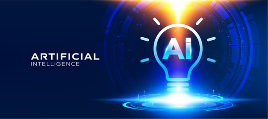 Artificial intelligence AI light bulb banner vector illustration with creative glowing neon light idea element. Futuristic dark blue technology concept background for presentation templates © StudioPixel2