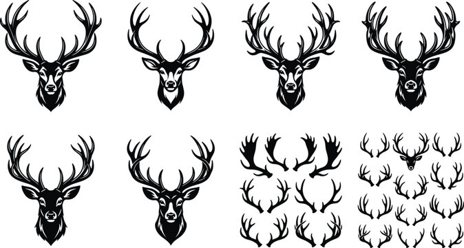 Stag Head Silhouette and Intricate Antler Set with Black Buck Horns Elements for Wildlife Badges Hunting Logos and Nature Forest Vector Designs