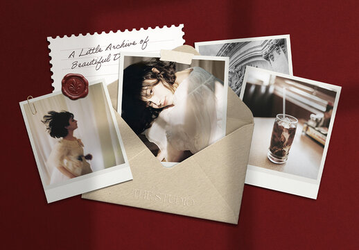 Polaroid Photo Scrapbook Mockup Template For Instant Film Print Frame, Vintage Photo Card Mood Board