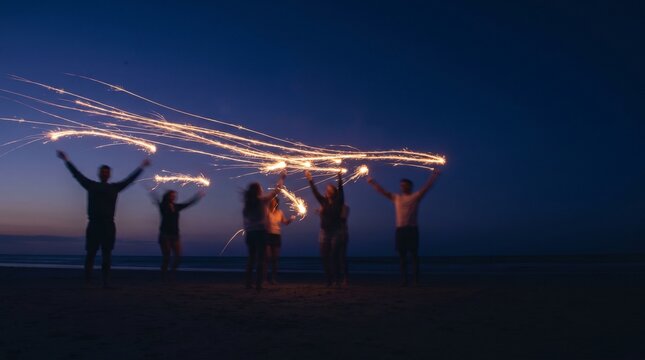 People performing fire dance at dusk.