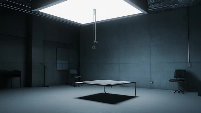Stark and cold interrogation room with concrete walls, minimalist furniture, and harsh fluorescent lighting, conveying a sense of confinement, pressure, and covert activities