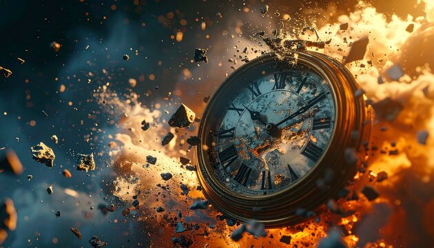 A clock exploding in a dramatic blast of fire and smoke.