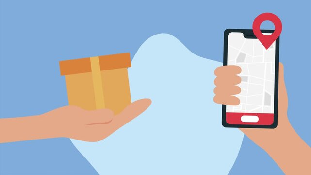 Delivery service animation with hands holding package and smartphone showing map, illustrating modern logistics and online order tracking.