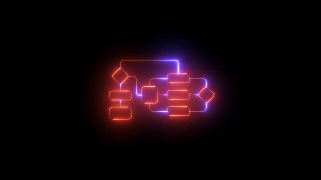 Abstract Glowing Neon Flowchart Diagram Icon on Black Background for Technology and Business Process