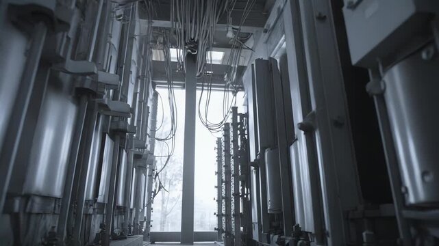 Industrial machinery and complex wiring arranging in an old power plant or server room, creating a sense of advanced engineering processes and technological infrastructure