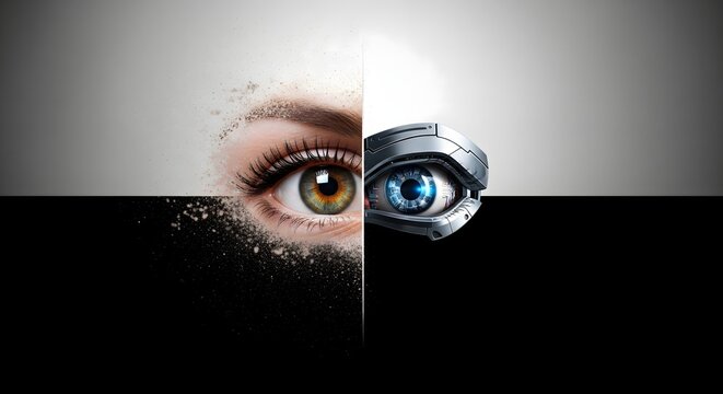 A conceptual split view showing a human eye on one side and a robotic eye on the other.