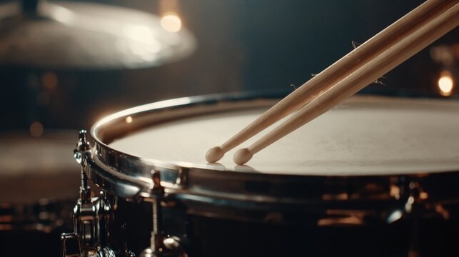 Close-up of drumsticks poised above a snare drum, ready to play, with warm lighting