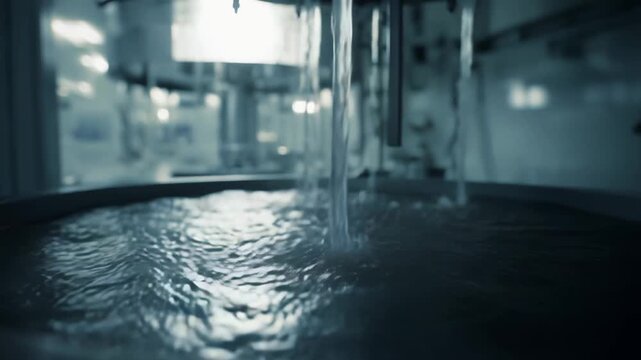 Clean water pouring into an industrial reservoir, undergoing a meticulous purification process within a food and beverage manufacturing facility, emphasizing quality control and hygiene