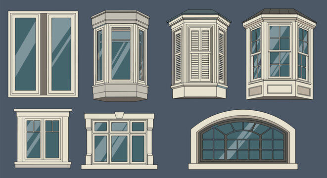 Collection of various architectural window styles including bay windows, arched windows, and shutters on a dark gray wall.