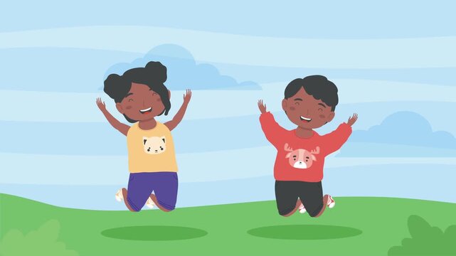 Animated afro american little children jumping with joy in green field under blue sky during summer day.