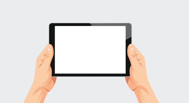Top view illustration of two hands holding a black tablet computer with a completely blank white screen for mockups.