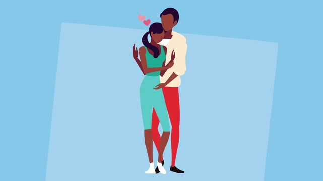 Animated afro couple in love standing together with hearts floating over head on blue background.