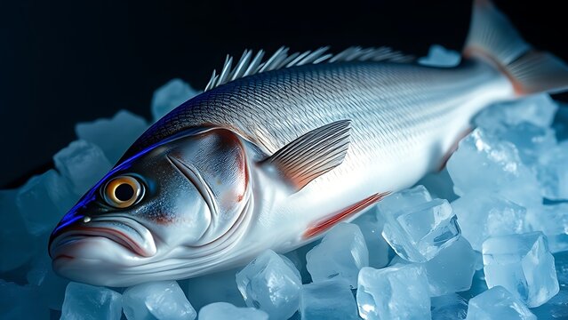 Fresh sea bass on ice, its glistening scales captured in cool, crisp detail.