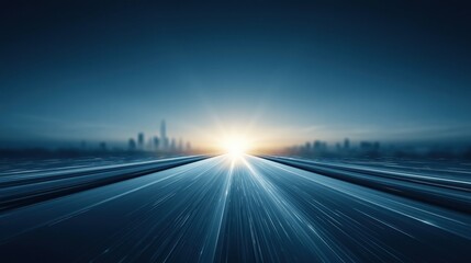 Obraz premium Abstract Speeding Highway Towards Cityscape at Sunrise, Motion Blur Effect