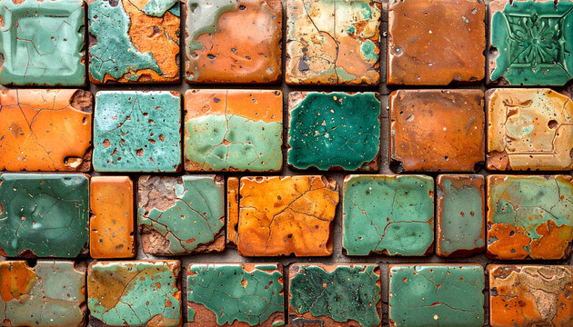 Moroccan zellige tiles featuring hand chiseled squares in terracotta and seafoam green with irregular edges and a shimmering tactile surface texture generative AI