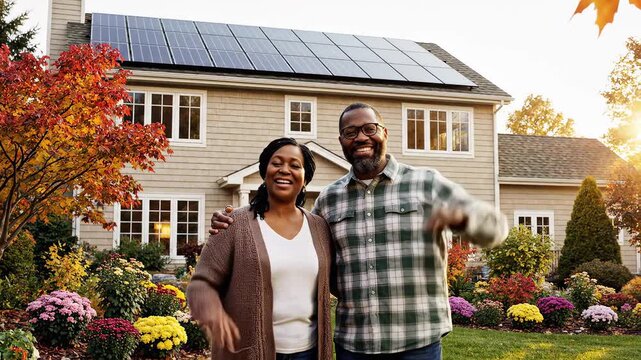 Couple standing in front of house with solar panels symbolizing modern living and personal growth