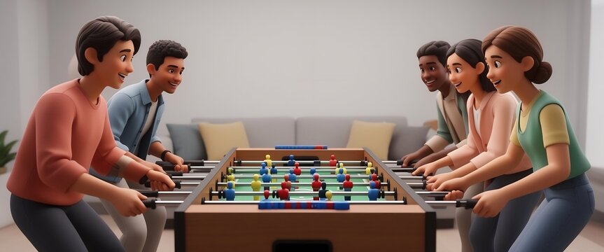 Friends Happily Playing Table Soccer Game Together