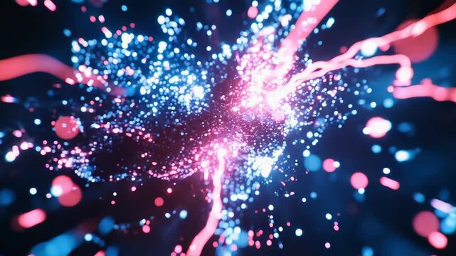 Abstract cluster of blue and pink light particles expanding rapidly with dynamic red and blue glowing streaks, creating a vivid concept of cosmic explosion or data flow