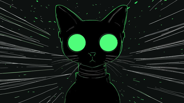 Neon outline of a cat with green-eyed stare against space backdrop