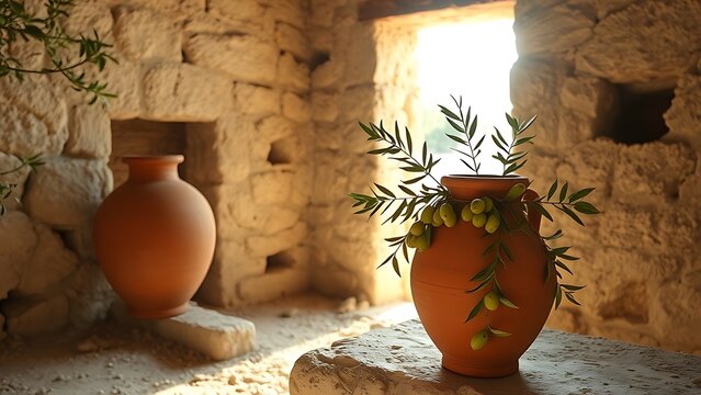 Ancient Greek granary ruin with terracotta amphora filled with olives in morning light.