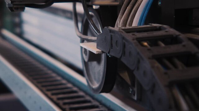 CNC machine zoom in detail shot with shallow depth of field along a CNC cable carrier and linear rail in a workshop machine.