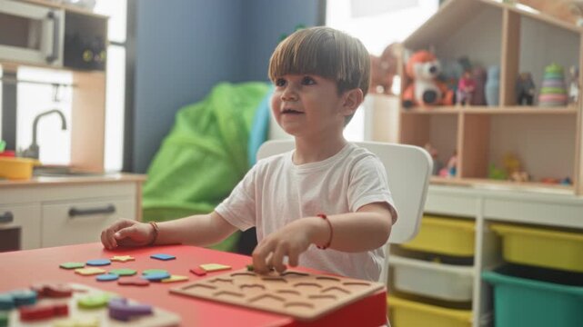 Boy holding blue block and reaching with hand for wooden shape puzzle on table inside building playroom; concentration curiosity.