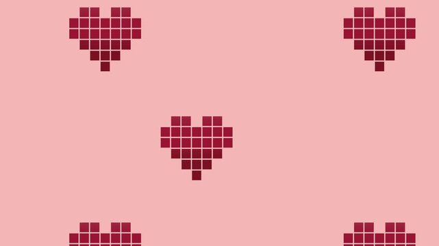 Animated pixelated hearts forming a repeating pattern on pink background, digital art motion.