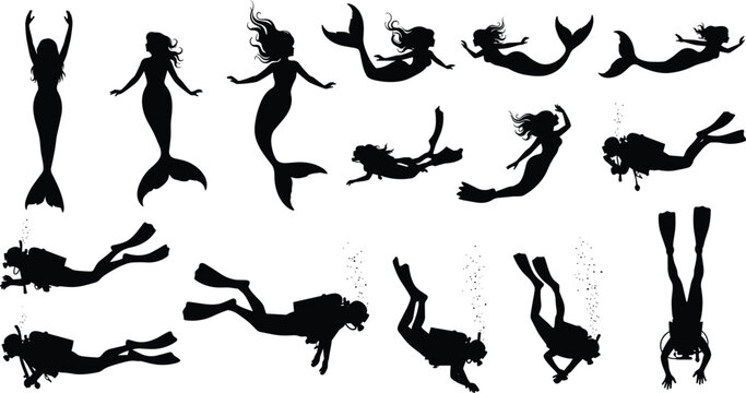 Mermaid and Scuba Diver Silhouette Collection Featuring Underwater Fantasy Characters and Diving Activity Vector Set