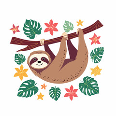 Fototapeta premium Cute Sloth Hanging on a Branch with Tropical Leaves and Flowers