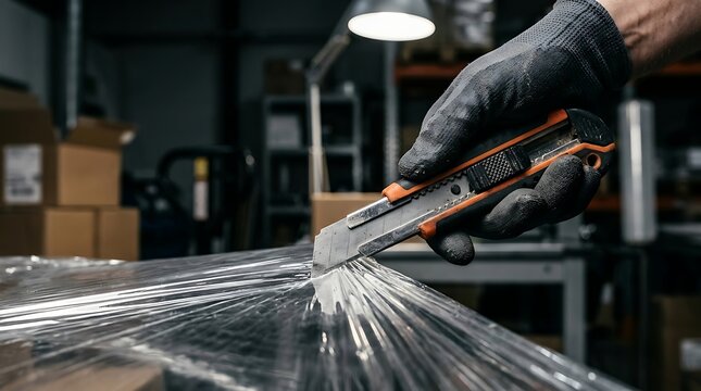 Hand Cutting Plastic Wrap With Scissors.