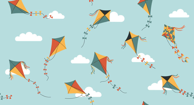 Bright and colorful kites dance across a light blue sky with fluffy white clouds in a playful and airy repeating pattern.