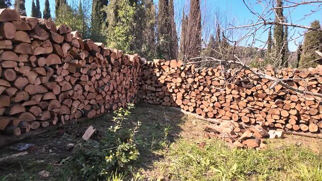 Many pieces of wood are stacked in a yard ready for winter. The wood is organized in rows. This setup shows careful preparation for heating and cooking during colder months.