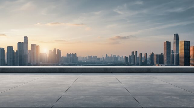 Panoramic cityscape at sunset with modern skyscrapers and an empty rooftop terrace for copyspace