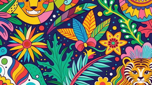 Vibrant, colorful floral pattern, jungle animals, tropical leaves, abstract background