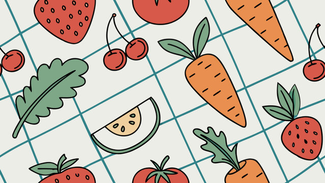Colorful fruit and vegetable icons, flat illustration, grid pattern background, food symbols