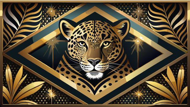 Luxury leopard head, gold geometric pattern, black background, metallic texture, abstract art